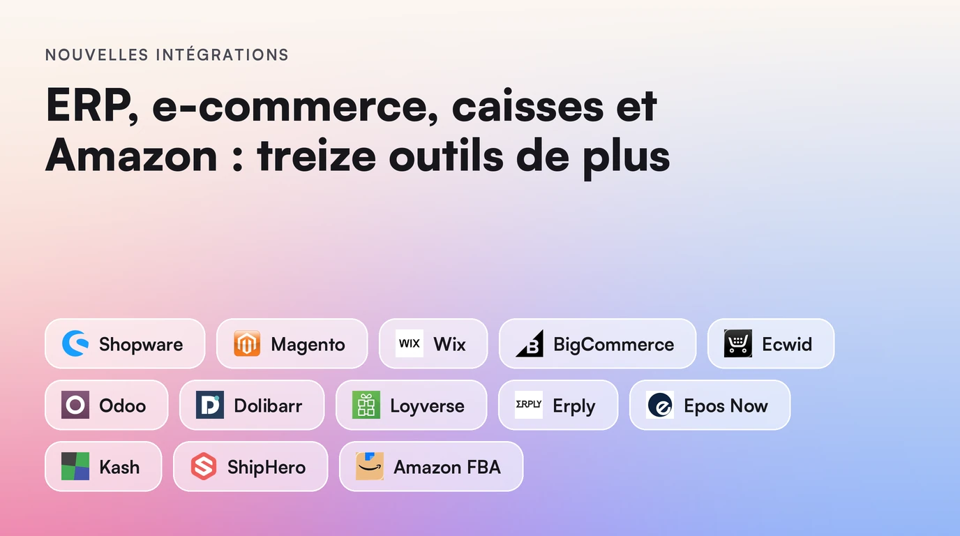 Nouvelles intégrations : ERP, e-commerce, caisses et Amazon : treize outils de plus. Intégrations : Shopware, Magento, Wix, BigCommerce, Ecwid, Odoo, Dolibarr, Loyverse, Erply, Epos Now, Kash, ShipHero, Amazon FBA